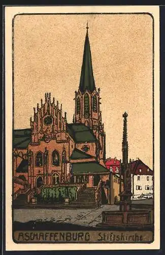 Steindruck-AK Aschaffenburg, Stiftskirche