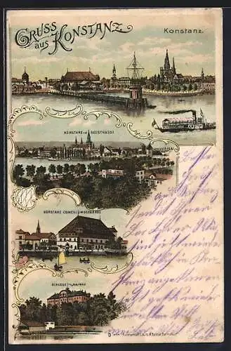 Lithographie Konstanz, Conciliumsgebäude, Schloss, Ortsansicht von der Seestrasse