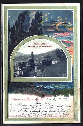 Passepartout-Lithographie Baden-Baden, Blick auf Schlossterrasse