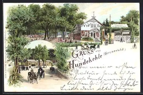 Lithographie Berlin-Grunewald, Ansichten des Restaurant Hundekehle
