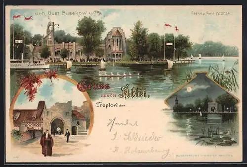 Lithographie Berlin-Treptow, Gasthaus Abtei, See