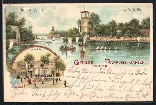 Lithographie Berlin-Treptow, Restaurant Paradies-Garten, Tanz-Saal