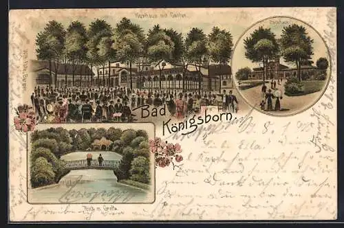 Lithographie Königsborn / Unna, Kurhaus mit Garten, Badehaus, Teich mit Grotte