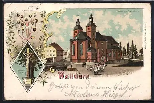 Lithographie Walldürn, Kirche mit Wallfahrern, Missions-Kreuz
