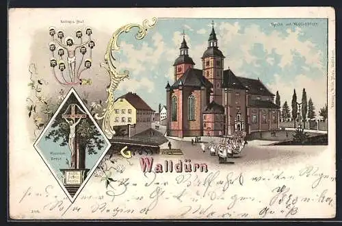 Lithographie Walldürn, Kirche mit Wallfahrern, Missions-Kreuz