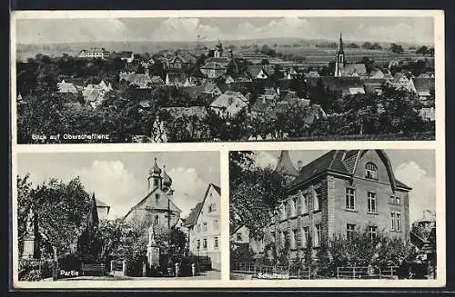 AK Oberschefflenz, Schulhaus, Teilansicht mit Denkmälern und Ortspanorama