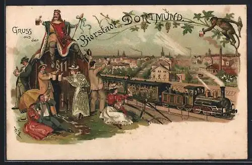 Lithographie Dortmund, Ortsansicht mit Eisenbahn