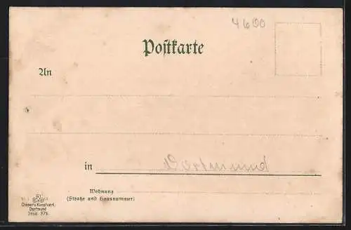 Lithographie Dortmund, Ortsansicht mit Eisenbahn