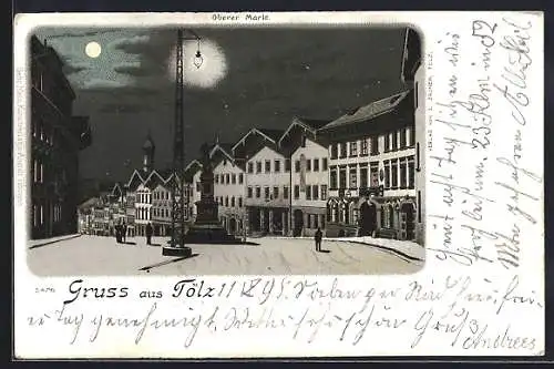 Lithographie Tölz, Oberer Markt mit Denkmal bei Mondschein