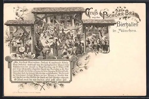 Lithographie München, Gasthaus Pschorr-Bräu Bierhallen, Neuhauser Strasse