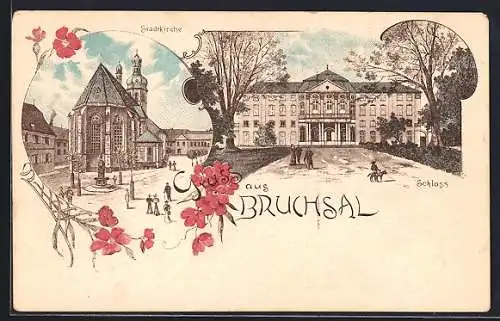 Lithographie Bruchsal, Partie an der Stadtkirche und am Schloss