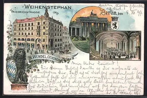 Lithographie Berlin, Gasthaus Weihenstephan, Friedrichstrasse 176, Brandenburger Tor