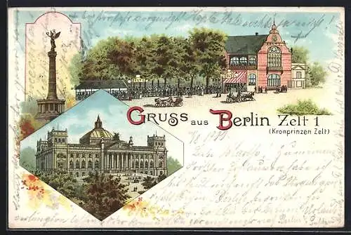 Lithographie Berlin, Siegessäule mit Kronprinzen Zelt