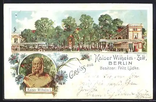 Lithographie Berlin-Tiergarten, Gasthaus Kaiser Wilhelm Zelt, Büste von Kaiser Wilhelm I.