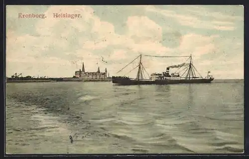 AK Kronborg /Helsingor, Wasserblick mit Dampfer
