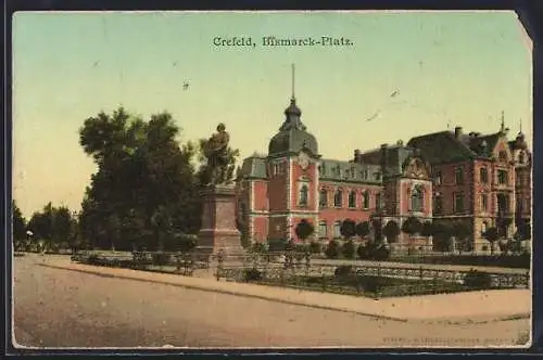 AK Crefeld, Bismarck-Platz mit Denkmal