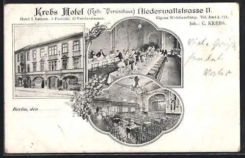 AK Berlin, Kath. Vereinshaus Krebs Hotel, Niederwallstrasse 11, Inh. C. Krebs