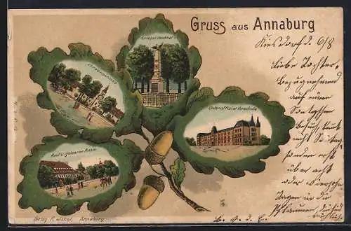 Passepartout-Lithographie Annaburg, Gasthaus goldener Anker, Vorderschloss, Kriegerdenkmal, Unteroffizier-Vorschule