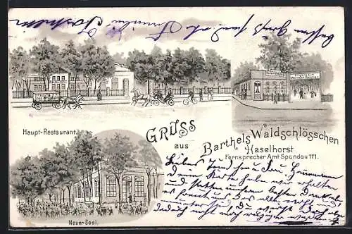 Lithographie Berlin-Haselhorst, Gasthaus Barthels Waldschlösschen, Haupt-Restaurant und Eingang