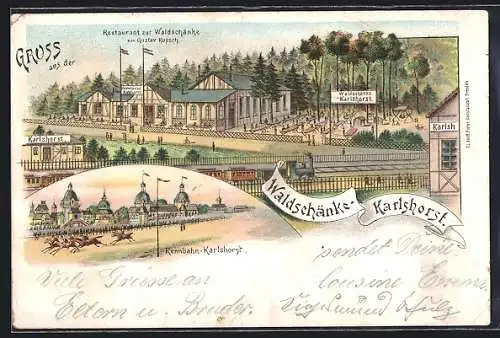 Lithographie Berlin-Karlshorst, Restaurant zur Waldschänke, Inh. Gustav Kupsch, Rennbahn
