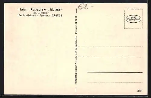 AK Berlin-Grünau, Hotel-Restaurant Riviera v. J. Bittner, Gartenansicht