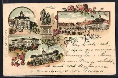 Lithographie Hanau, Jak. u. Wilh. Grimm-Denkmal, Frankfurter Thor, Marktplatz, Zeichen-Akademie, Schloss Philippsruhe