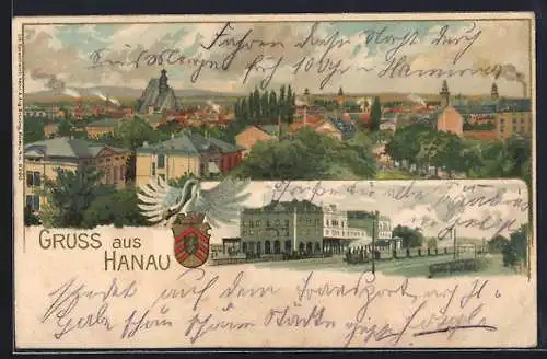 Lithographie Hanau, Eisenbahn am Bahnhof, Totalansicht