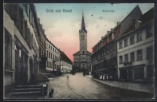 AK Kusel, Marktstrasse mit der Kirche
