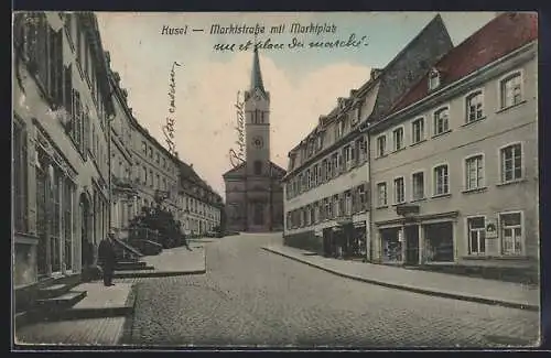 AK Kusel, Marktstrasse mit Marktplatz, Kirche
