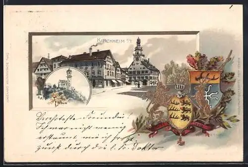 Passepartout-Lithographie Kirchheim u. T., Ortspartie mit Kirche, Wappen und Eichenzweig