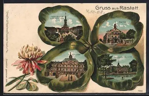 Passepartout-Lithographie Rastatt, Kaiserstrasse mit Stadtkirche, Schloss und Rathaus