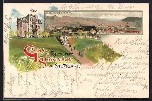 Lithographie Stuttgart, Restaurant Schönblick und Blick ins Neckarthal