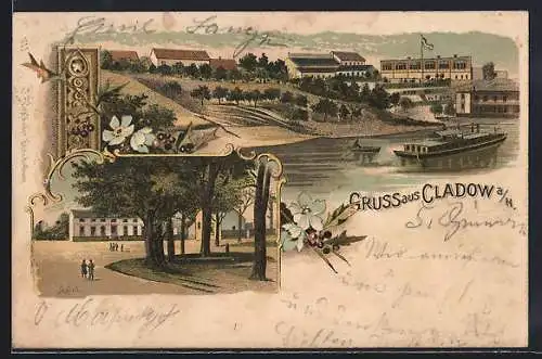 Lithographie Berlin-Kladow, Cladow a. H., Schule und Flusspartie