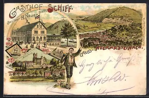Lithographie Neckarsteinach, Gasthof zum Schiff, Bes. H. Neuer, Mittelburg und Totalansicht