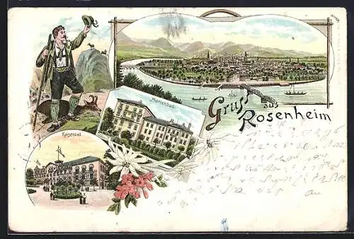Lithographie Rosenheim, Kaiserbad, Marienbad und Totalansicht