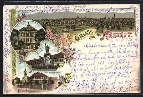 Lithographie Rastatt, Bernhardus-Kirche, Schloss und Totalansicht