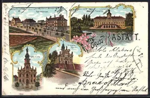 Lithographie Rastatt, Bahnhofstrasse, Kath. Kirche, Einsiedlerkapelle und Schloss Favorite