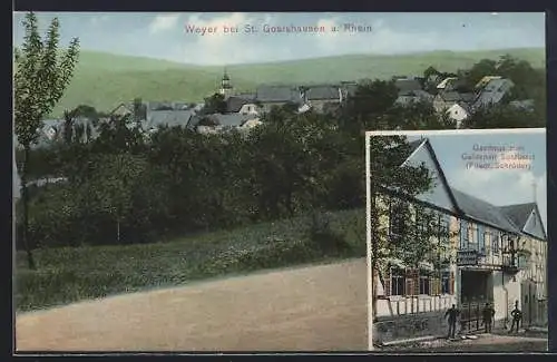 AK Weyer bei St. Goarshausen, Gasthaus zum Goldenen Schlüssel und Ortsansicht