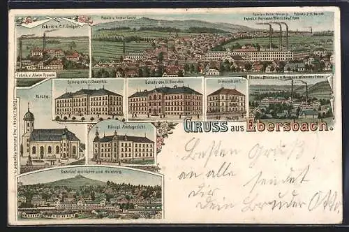 Lithographie Ebersbach / Sa., Fabrik C. F. Belger, Bahnhof mit Haine und Hainberg, Schule, Gemeindeamt und Kirche