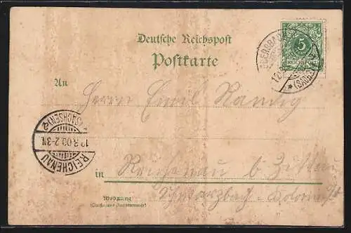 Lithographie Ebersbach / Sa., Fabrik C. F. Belger, Bahnhof mit Haine und Hainberg, Schule, Gemeindeamt und Kirche
