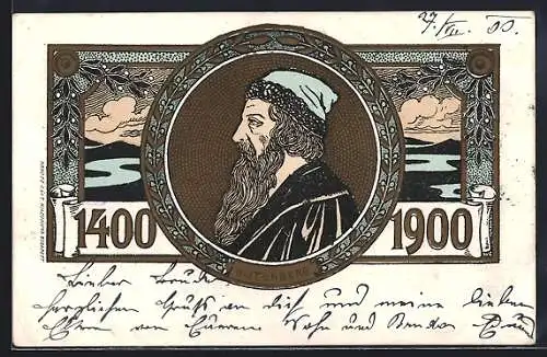 AK Johannes Gutenberg im Profil, Geburtstags-Jubiläum des Buchdruck-Erfinders, Jugendstil