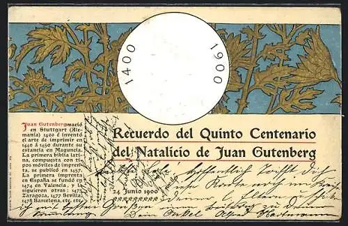 Präge-AK Konterfei des Buchdruck-Erfinders Johannes Gutenberg zum 500. Geburtstag, Jugendstil