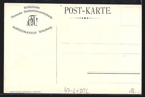 Künstler-AK Würzburg, Studentenwappen der Markomannia, zwei Studenten bei Nacht