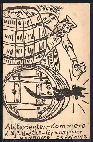 AK Hannover, Abiturienten-Kommers d. Kgl. Goethe-Gymnasiums 1912, Student zwischen Bierfässern