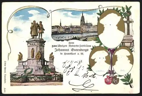 AK Ganzsache PP15 D8: Frankfurt a. M., 500jähriger Geburtstag Johannes Gutenbergs 1900, Denkmal, Panorama der Stadt