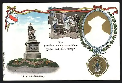 AK Ganzsache PP15 D14: Strassburg, 500-jähriges Geburtstags-Jubiläum Johannes Gutenbergs, Denkmal und Porträt
