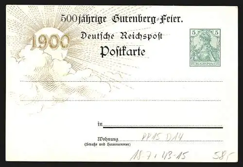 AK Ganzsache PP15 D14: Strassburg, 500-jähriges Geburtstags-Jubiläum Johannes Gutenbergs, Denkmal und Porträt