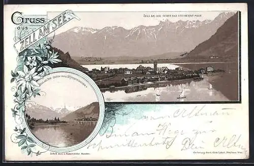 Vorläufer-Lithographie Zell am See, 1892, Totalansichten gegen das Kitzsteinhorn und das Steinerne Meer