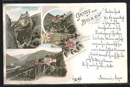 Vorläufer-Lithographie Bozen, 1895, Schloss Karneid von der Strasse, Burg Runkelstein, Haselburg