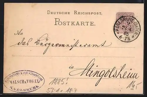 Vorläufer-AK Karlsruhe, 1885, Rechnung der Buchdruckerei Malsch & Vogel, Ganzsache